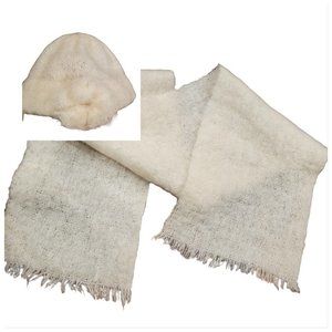 Vintage‎ Donegal Design Ireland Mohair Wool Scarf Hat Set Cream Woven Flower